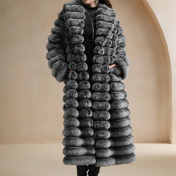 Black And White Fluffy Women's Mid-Length Coat - Picture 3 of 8